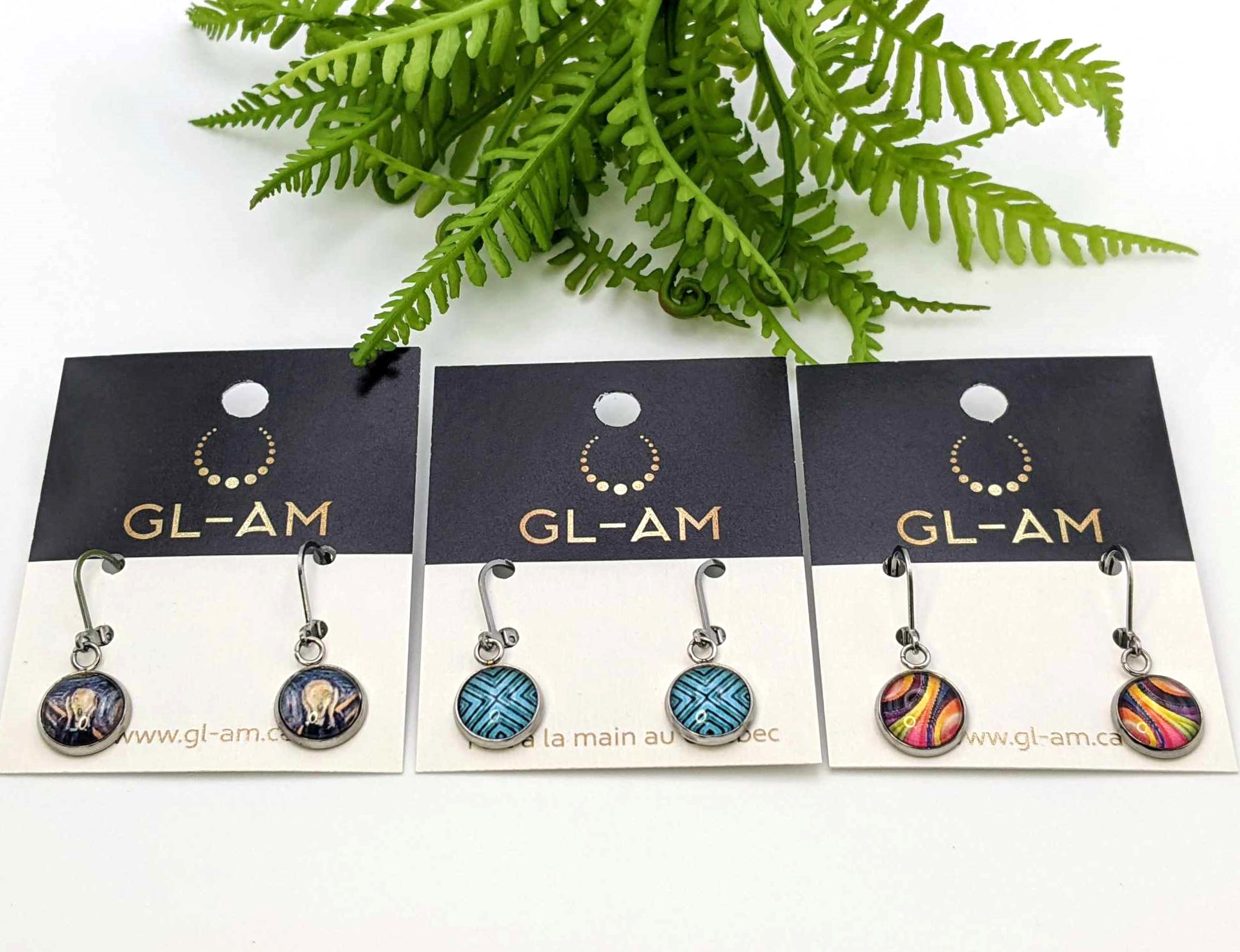 Boucles d'oreilles pendantes - images sous verre rondes (GL-AM 23-01-10)