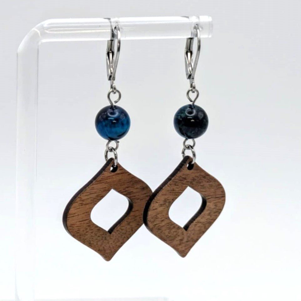 Boucles d'oreilles pendantes - Bois et Oeil-de-tigre (GL-AM 23-02-27-1)