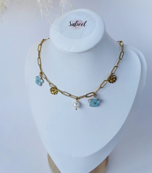 Collier charm fleur bleu