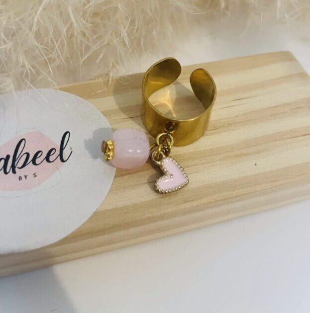 Bague charms coeur et pierre rose