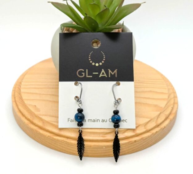 Boucles d'oreilles pendantes - Pierres et plumes (GL-AM)